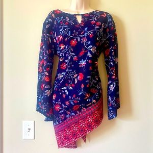 Boho Asymmetrical Mini dress Women’s large navy blue & red floral L lightweight